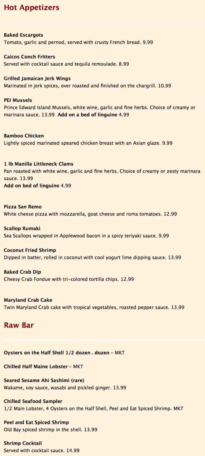 menu for aruba beach