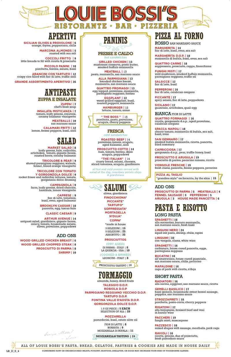 Menu For Louie Bossi S Ristorante Bar Pizzeria 1032 E Las