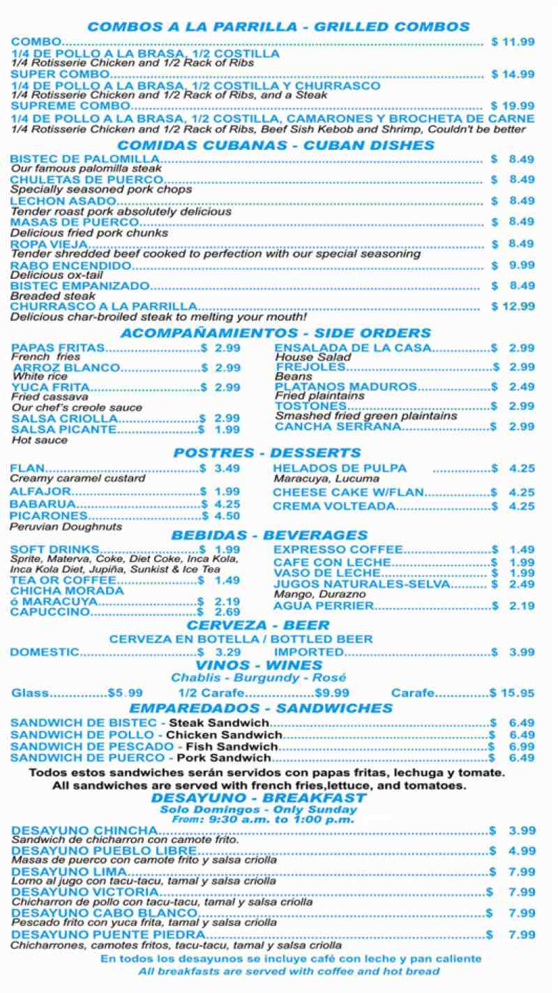 Menu for Cabo Blanco Restaurant