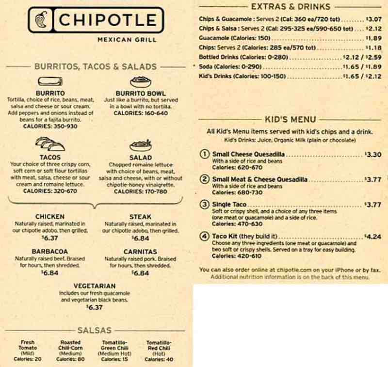 How can you get the current price menu for Chipotle?