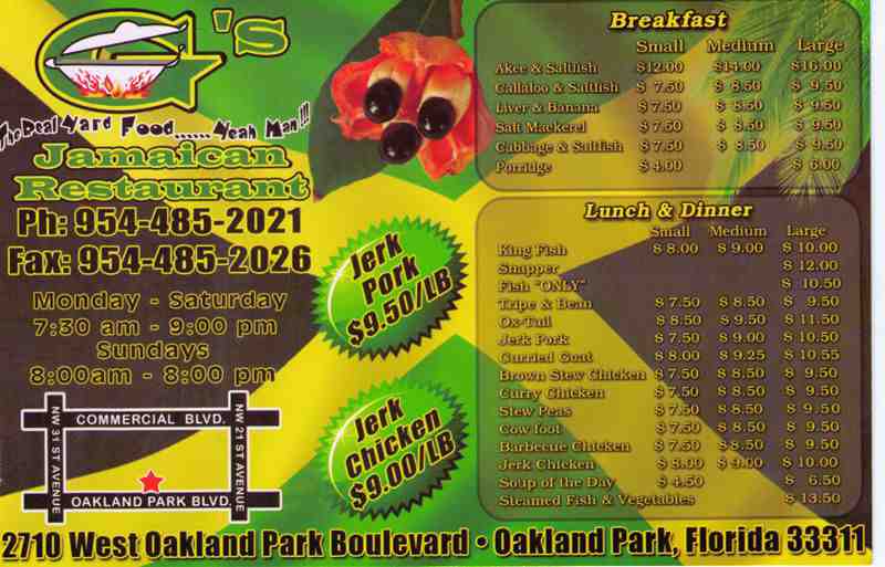 Menu For G S Jamaican Restaurant 2710 W Oakland Park Blvd Br Menu For G S Jamaican Restaurant