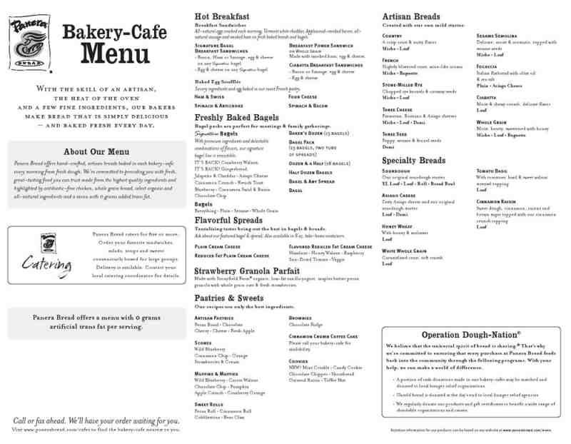 Panera bread cafe menu prices