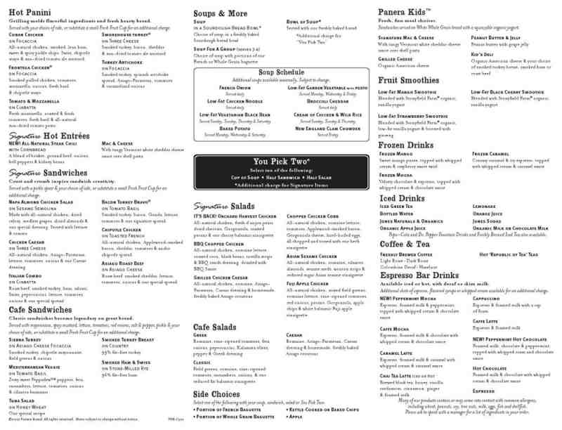 Panera bread menu with nutrition facts