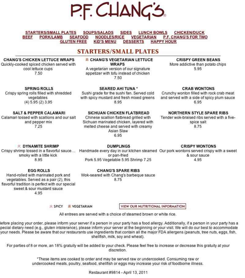 pf changs menu with prices